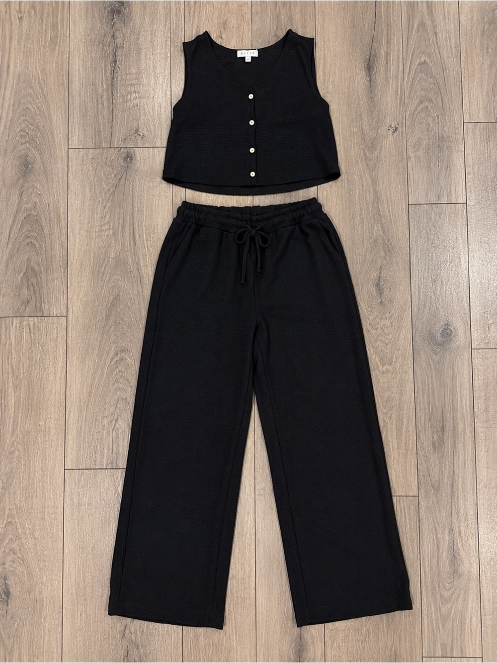 HYFVE Black Cropped Button Tank with Wide-Leg Drawstring Pants Set